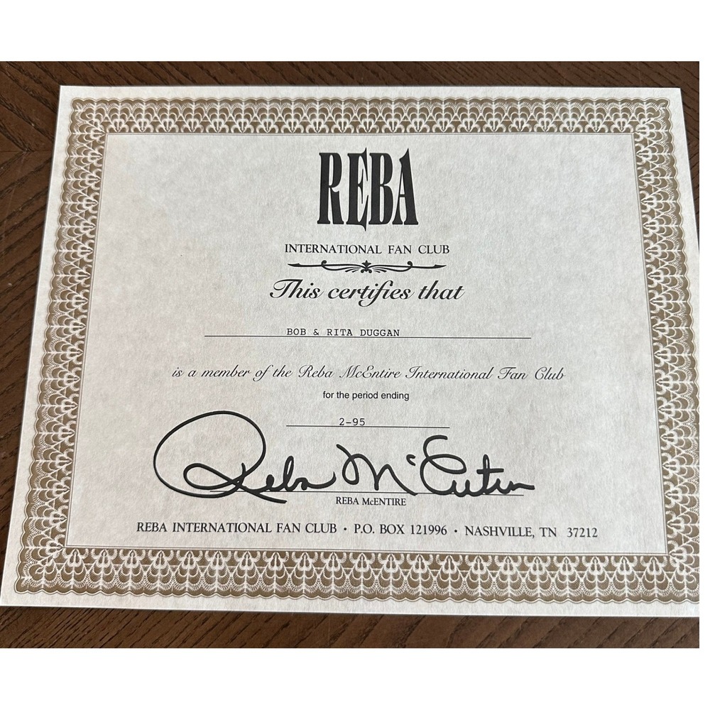 Vtg‎ 1995 Reba McEntire International Fan Club Membership Certificate Nashville